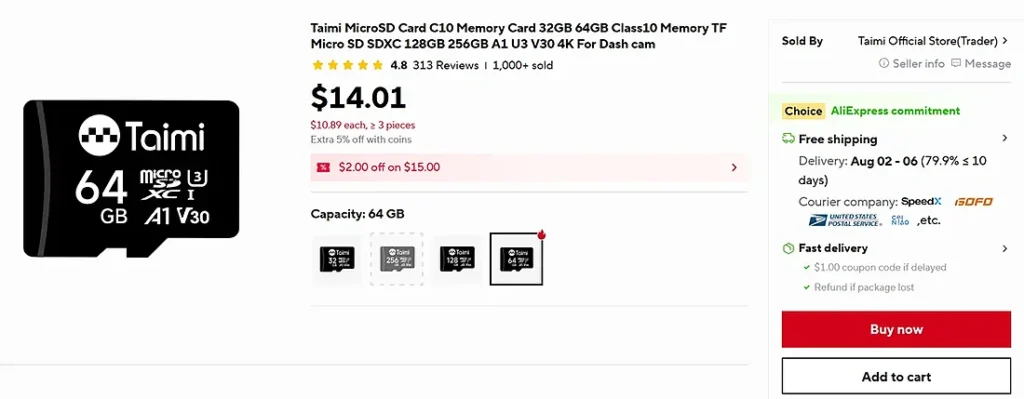 AliExpress listing for the Taimi 64GB U3 V30 A1 microSD card.