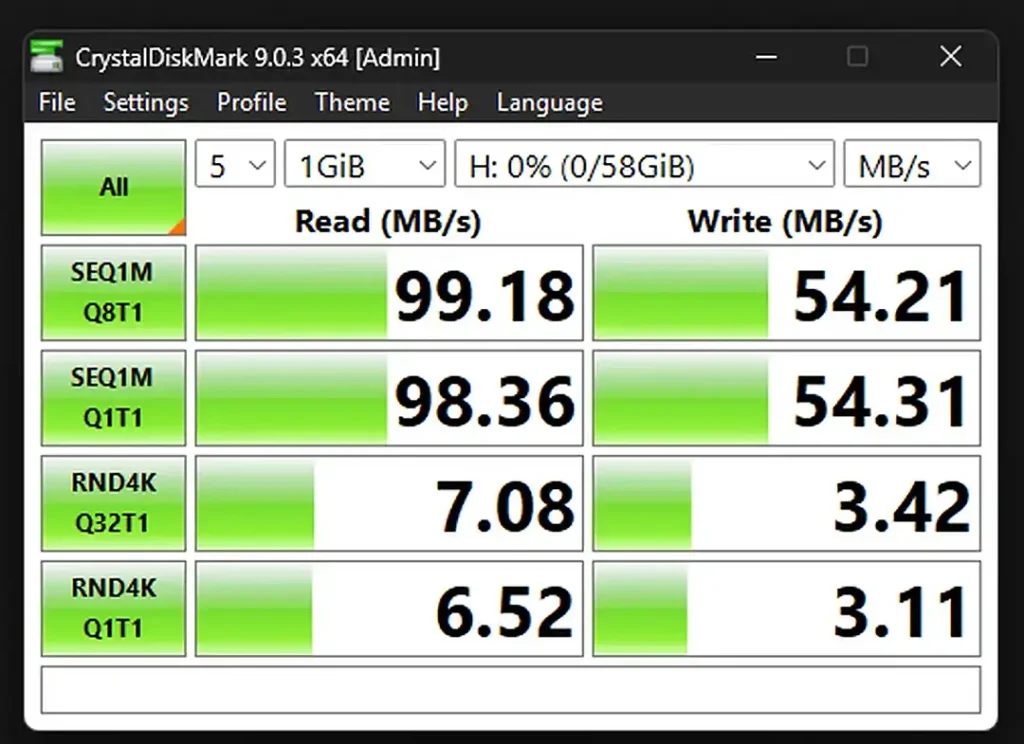 CrystalDiskMark results for the Taimi 64GB microSD card.