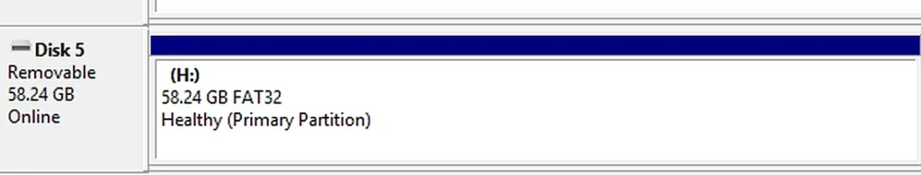 Windows Disk Management showing the Taimi 64GB microSD card as a 58.24GB FAT32 volume.