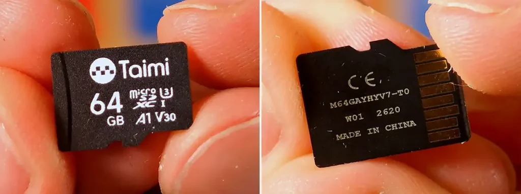 Front and back of the tested Taimi 64GB microSD card.