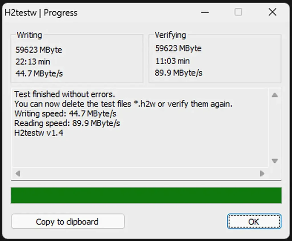 H2testw capacity test results for the Taimi 64GB microSD card.