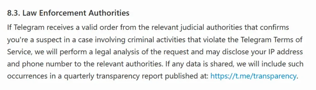 Telegram privacy policy section on disclosure of IP addresses and phone numbers to law enforcement.