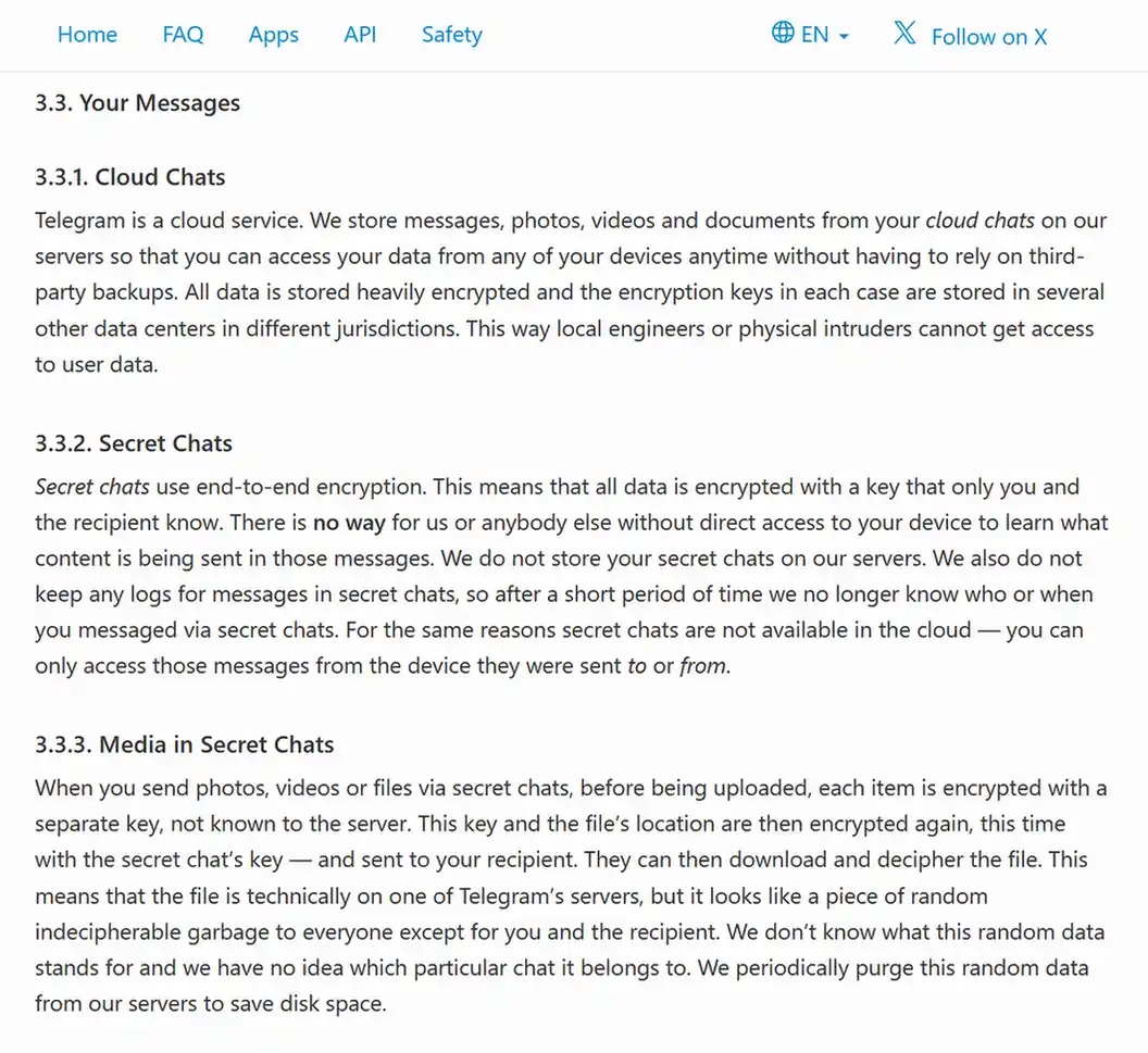 Telegram privacy policy sections covering cloud chats and Secret Chats.