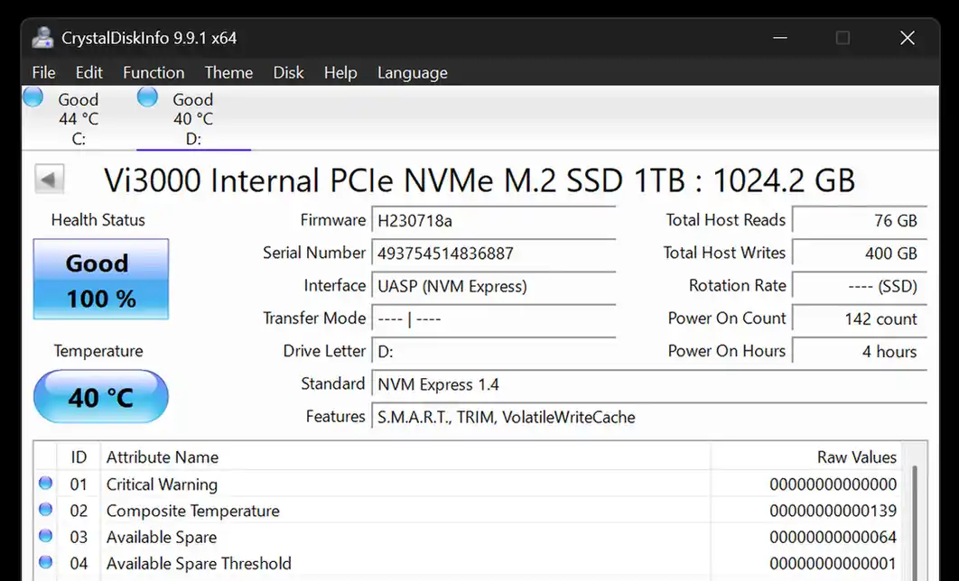 Verbatim Pocket SSD temperature of 40 degrees Celsius during a 50GB file copy