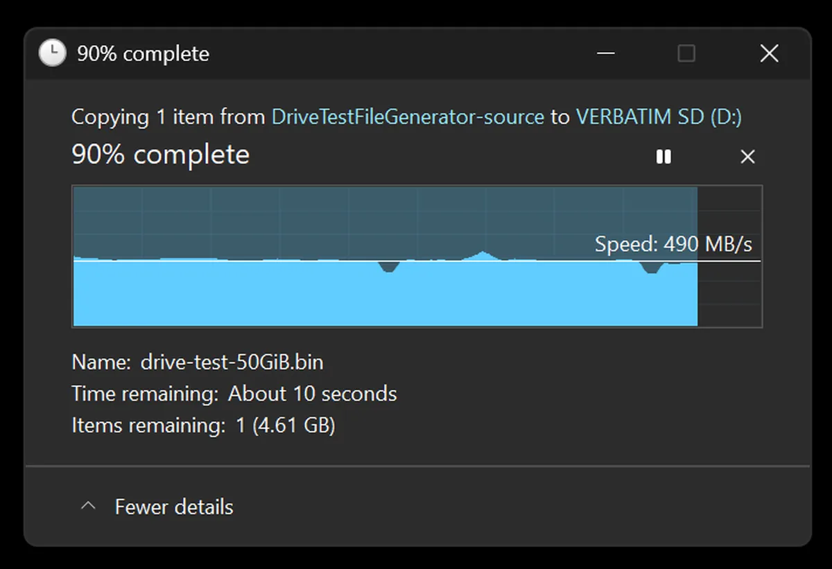 Second 50GB Windows file copy test from a PNY CS1030 NVMe SSD to the Verbatim Pocket SSD.