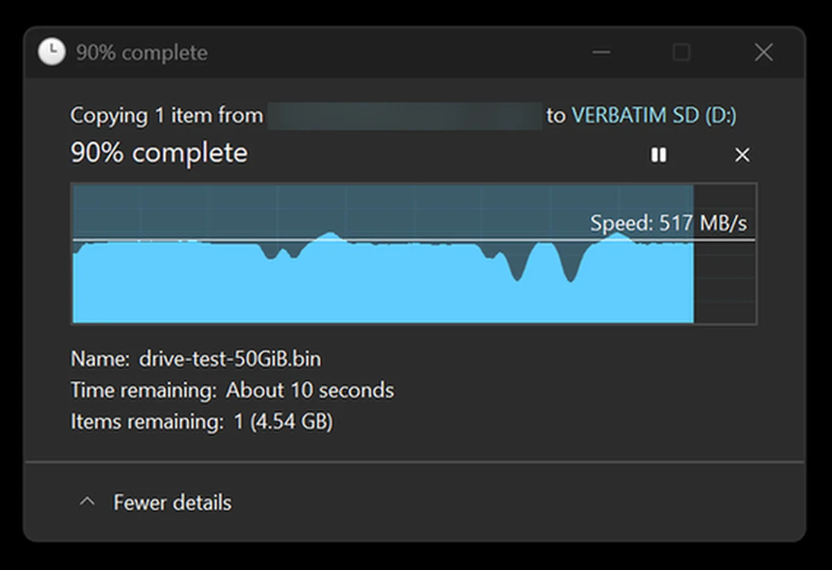 First 50GB Windows file copy test from a PNY CS1030 NVMe SSD to the Verbatim Pocket SSD.
