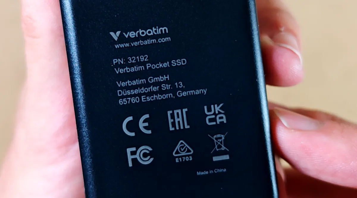 Back of the Verbatim Pocket SSD 1TB showing model number 32192 and the compliance markings.