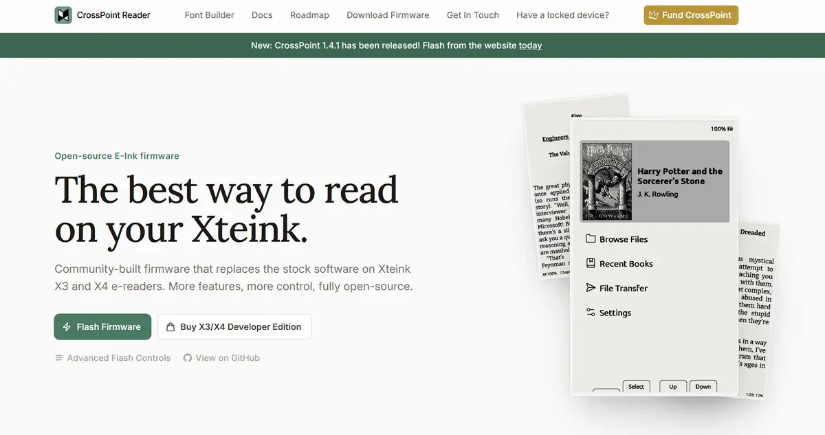 CrossPoint Reader website offering open-source firmware for Xteink e-readers.
