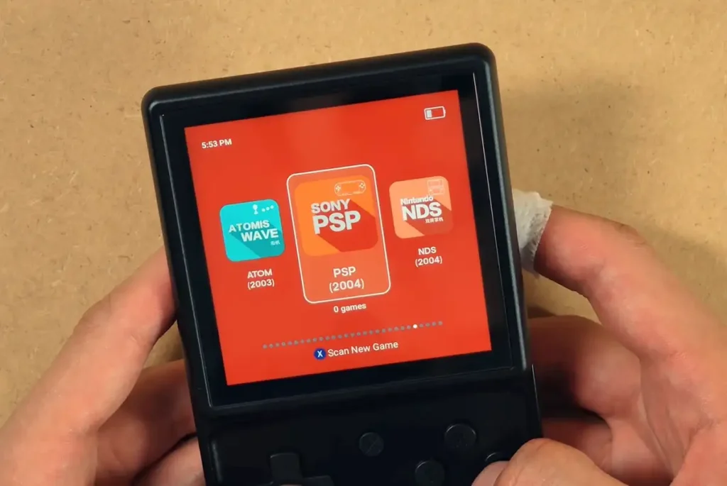The RG Launcher interface on the RG Rotate showing empty system categories before adding games.