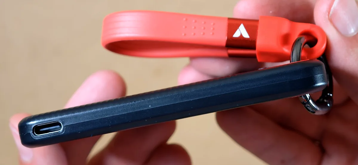 Side view and USB-C port of the Verbatim Pocket SSD.