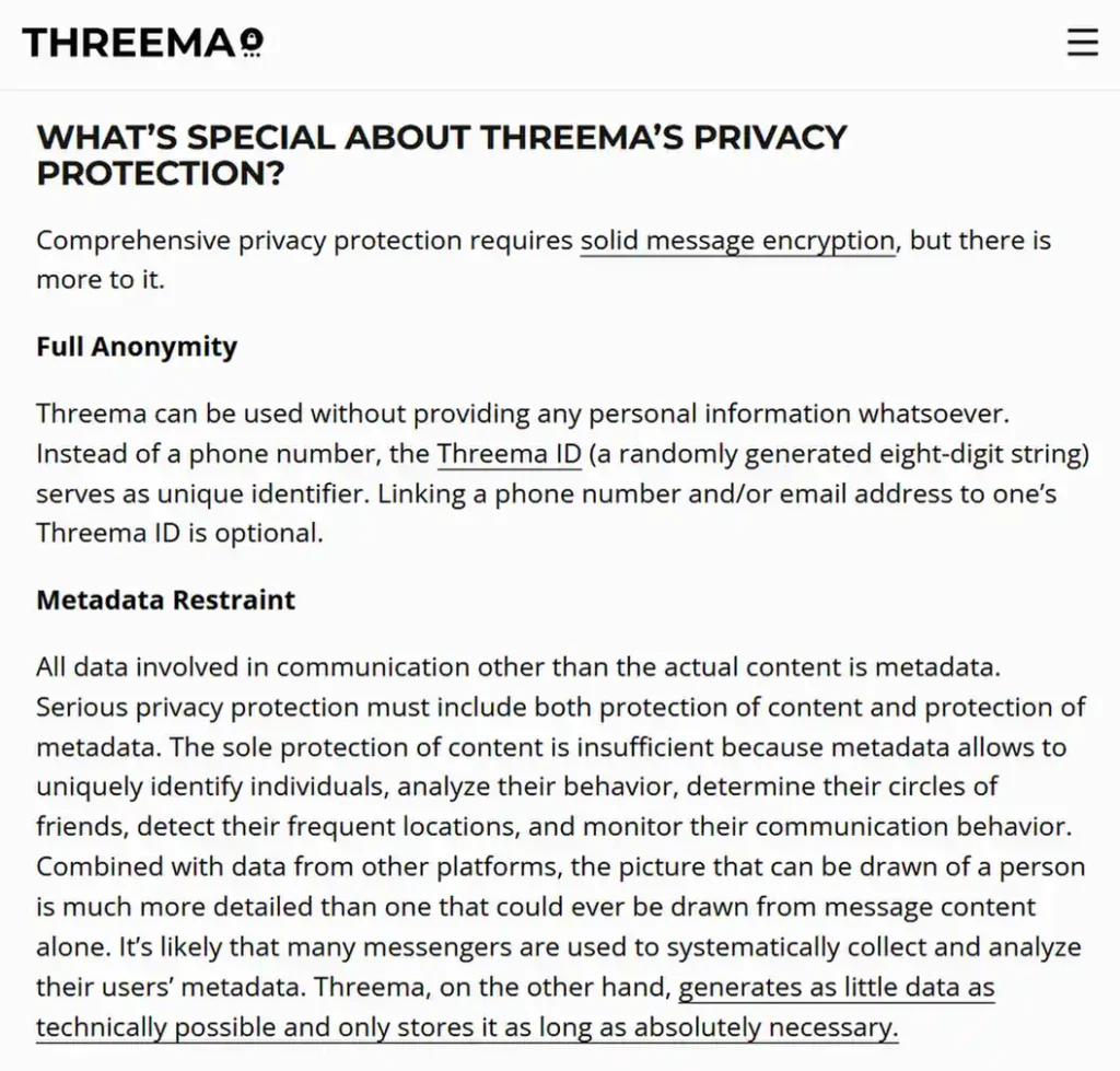 Threema privacy page explaining anonymous registration and metadata minimization.