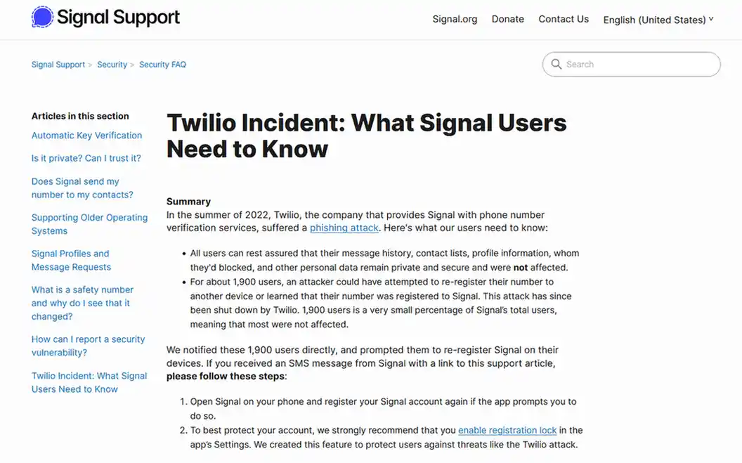 Signal's report on the 2022 Twilio phishing incident affecting phone-number verification.