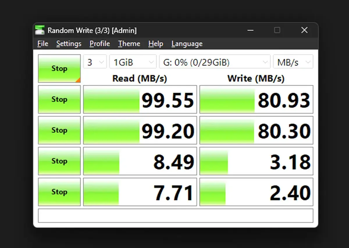 CrystalDiskMark benchmark results for the stock 32 GB Xteink microSD card.