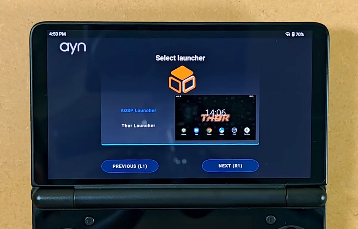 AYN Thor setup screen offering the choice between the basic AOSP Launcher and Thor Launcher.