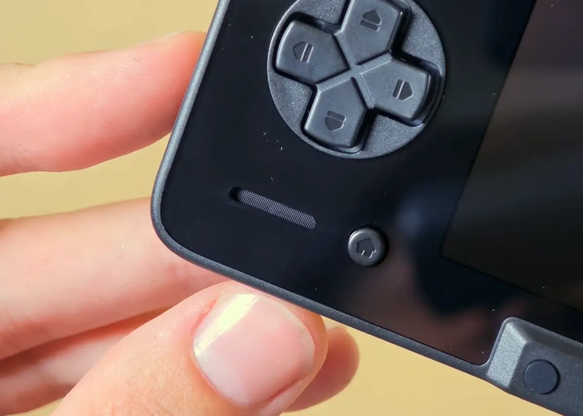 Close-up of the left front-facing speaker on the AYN Thor.