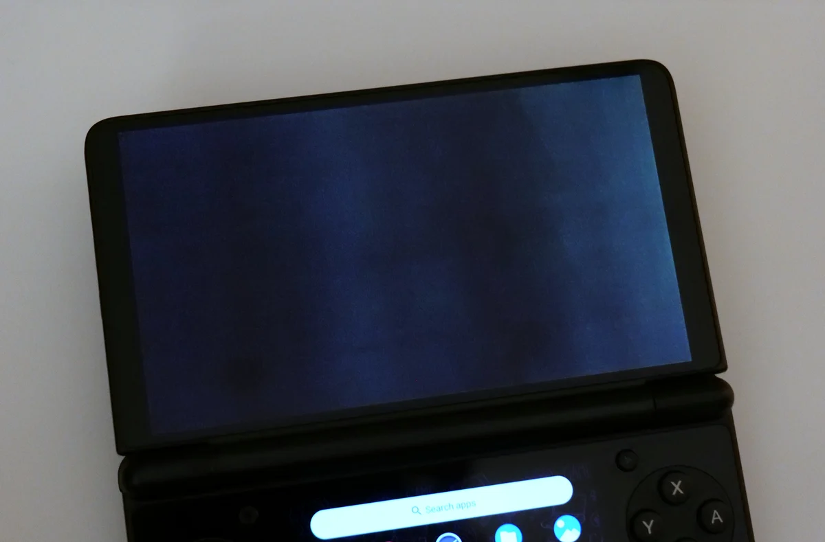 AYN Thor top OLED display at 5 percent gray setting with Ultra Black mode disabled.