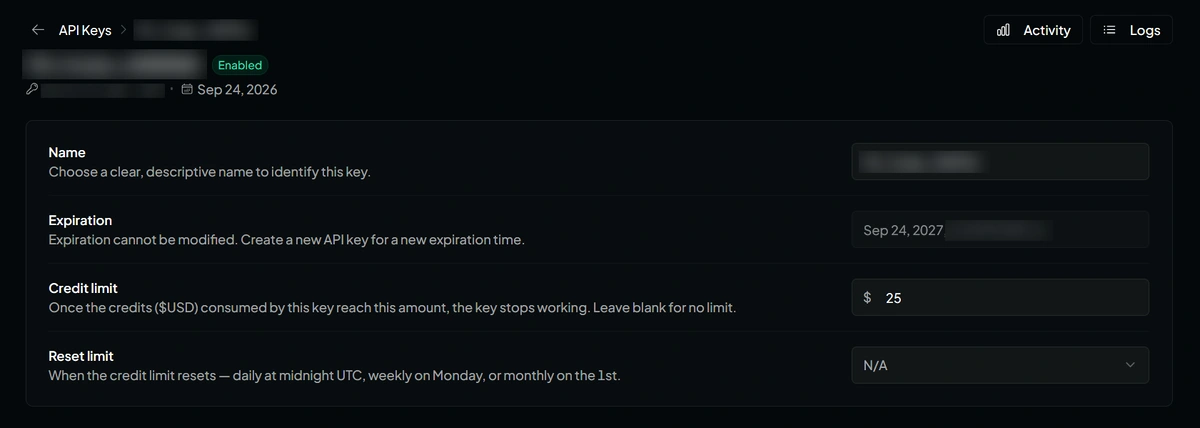 OpenRouter API key details page showing name, expiration, credit limit, and reset limit.
