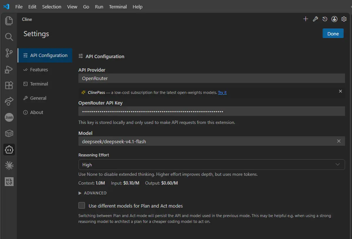 Cline API Configuration in VS Code using OpenRouter and the deepseek/deepseek-v4.1-flash model with High reasoning effort.
