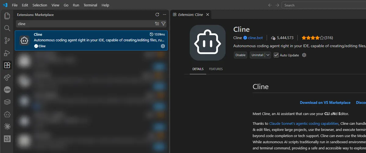 Cline extension page in the Visual Studio Code Marketplace.