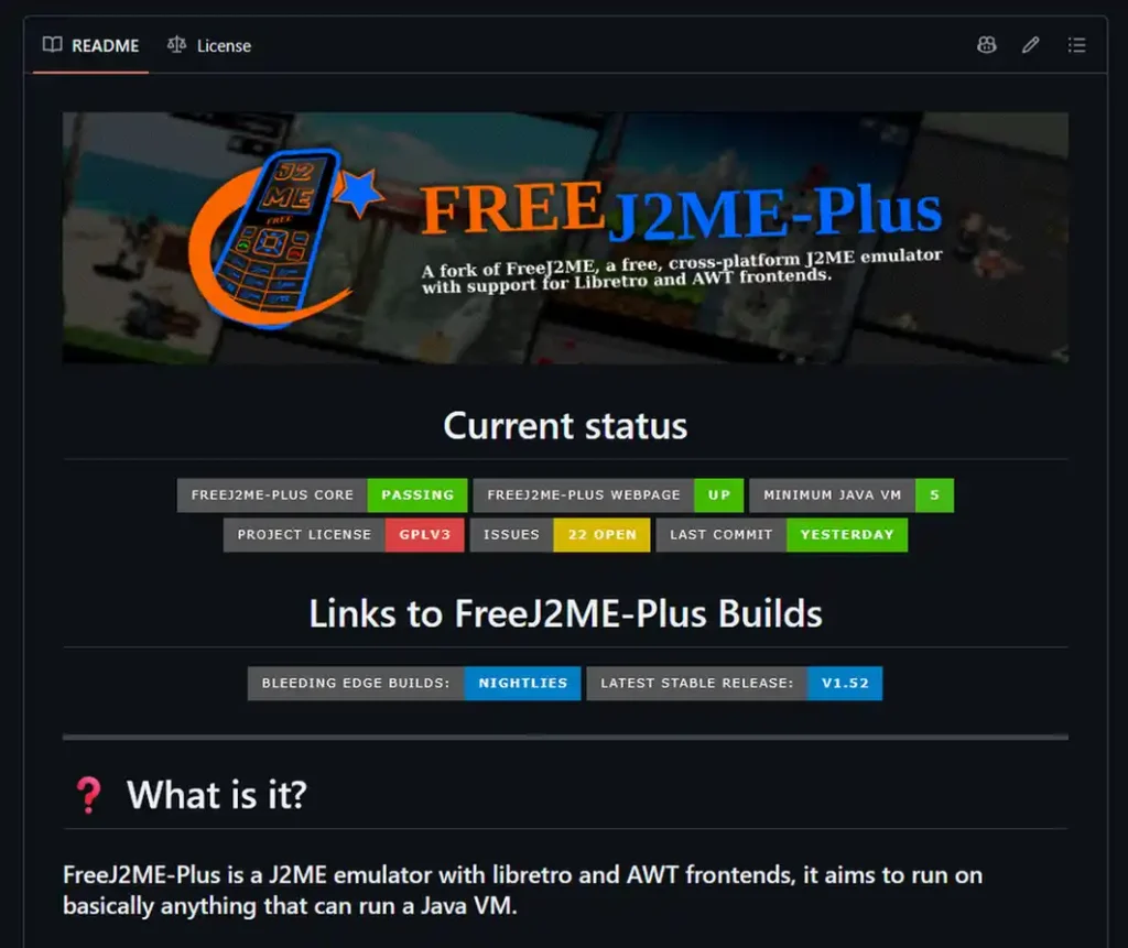 FreeJ2ME-Plus Java ME emulator GitHub repository.