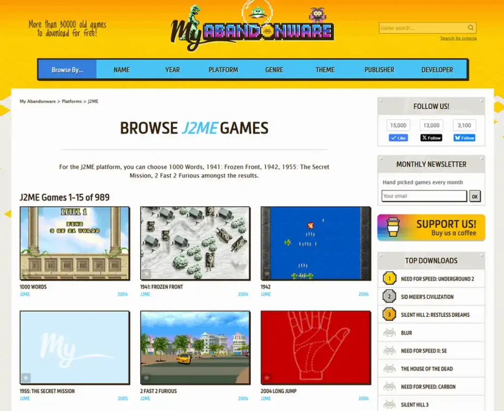 My Abandonware J2ME games category page.