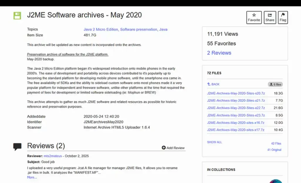 J2ME Software Archives collection page on the Internet Archive.