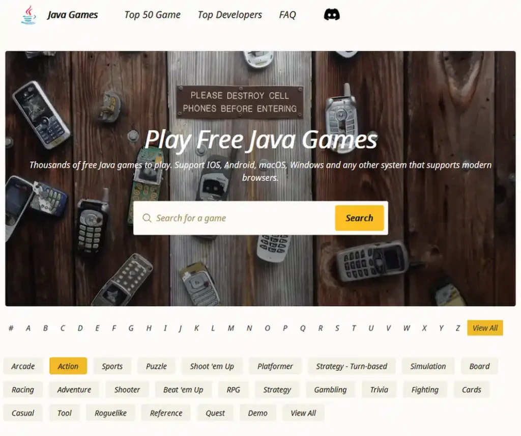 Javagames.cc website with its collection of playable J2ME mobile games.