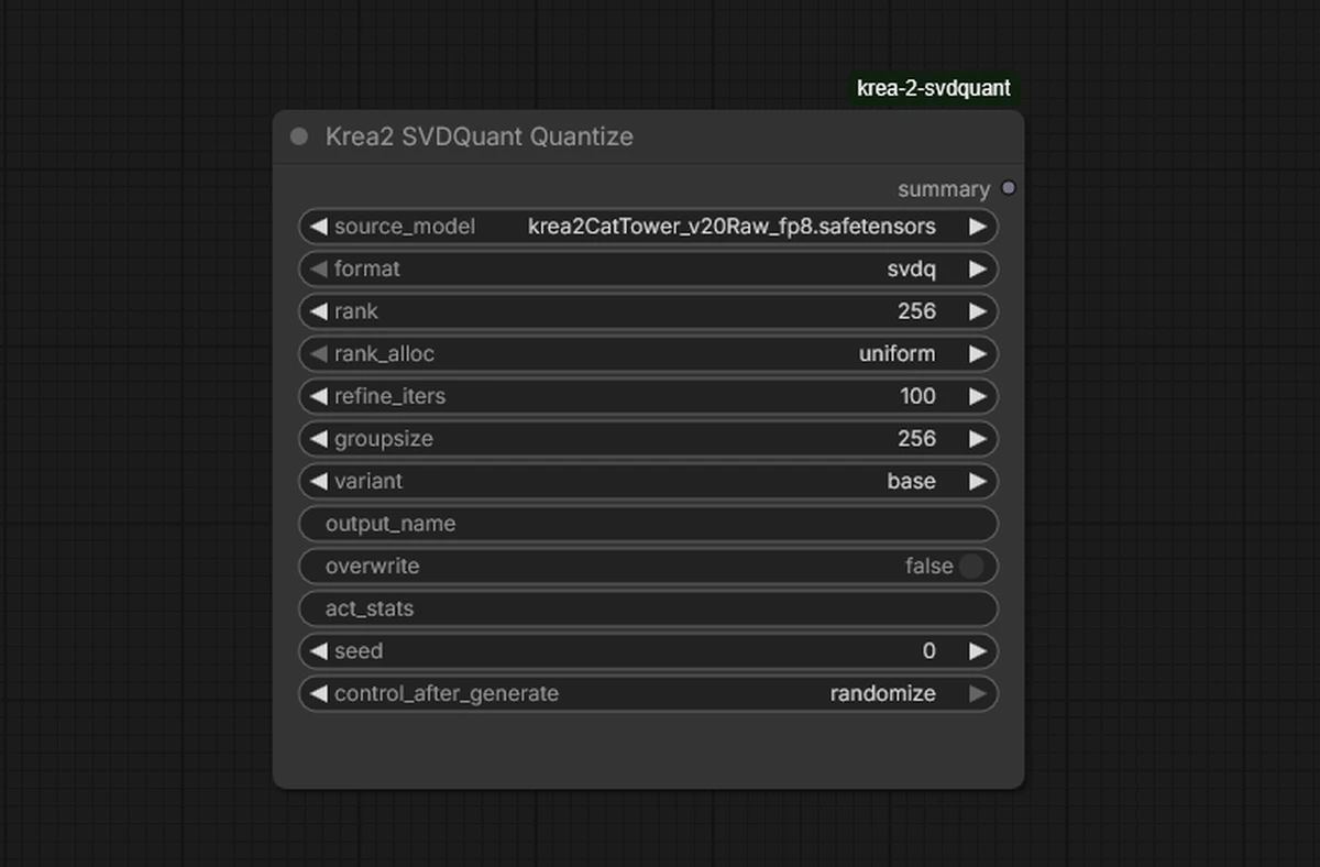 Krea2 SVDQuant Quantize node configured for a Krea 2 Raw FP8 finetune with rank 256 and 100 refinement iterations.