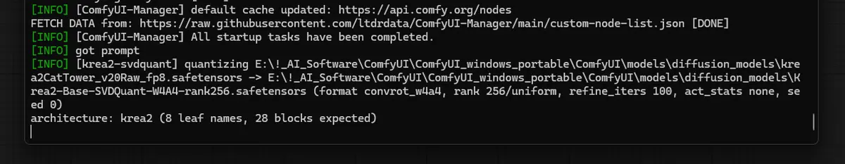 ComfyUI console showing the Krea 2 SVDQuant conversion starting and detecting the Krea 2 architecture.