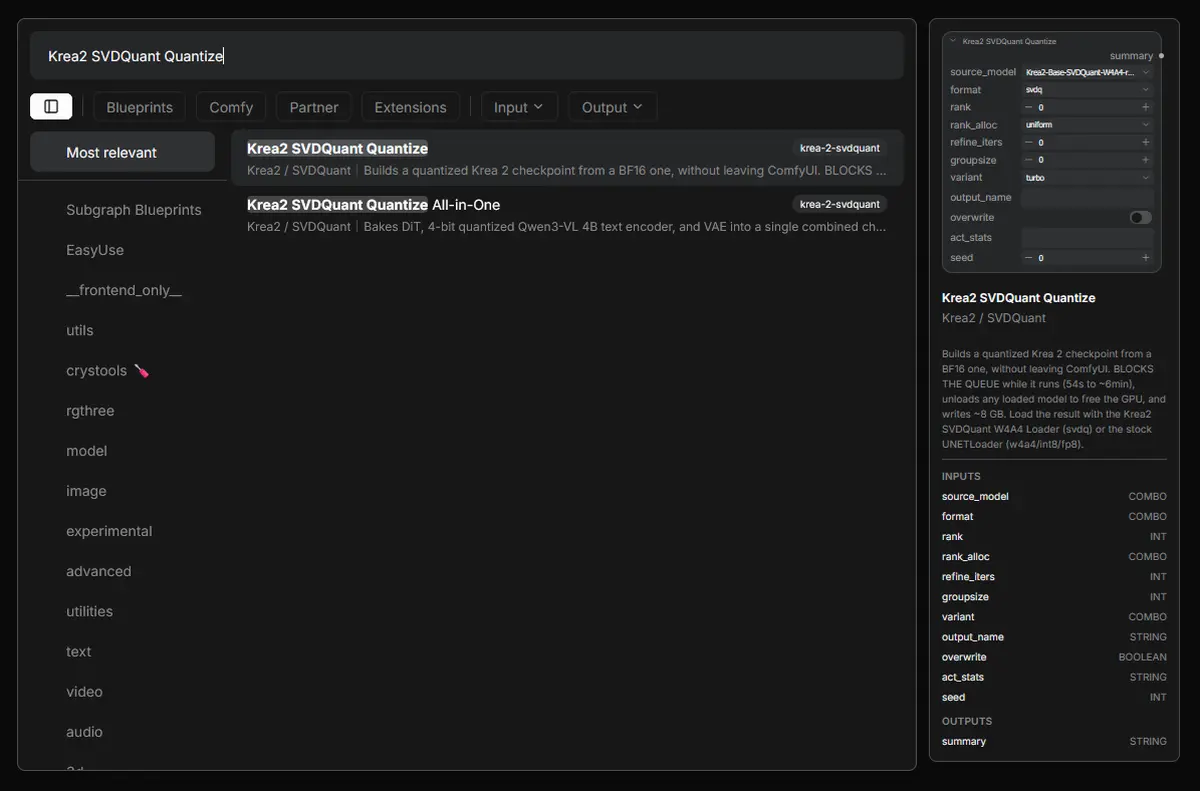 Krea2 SVDQuant Quantize custom node shown in the ComfyUI node search panel.