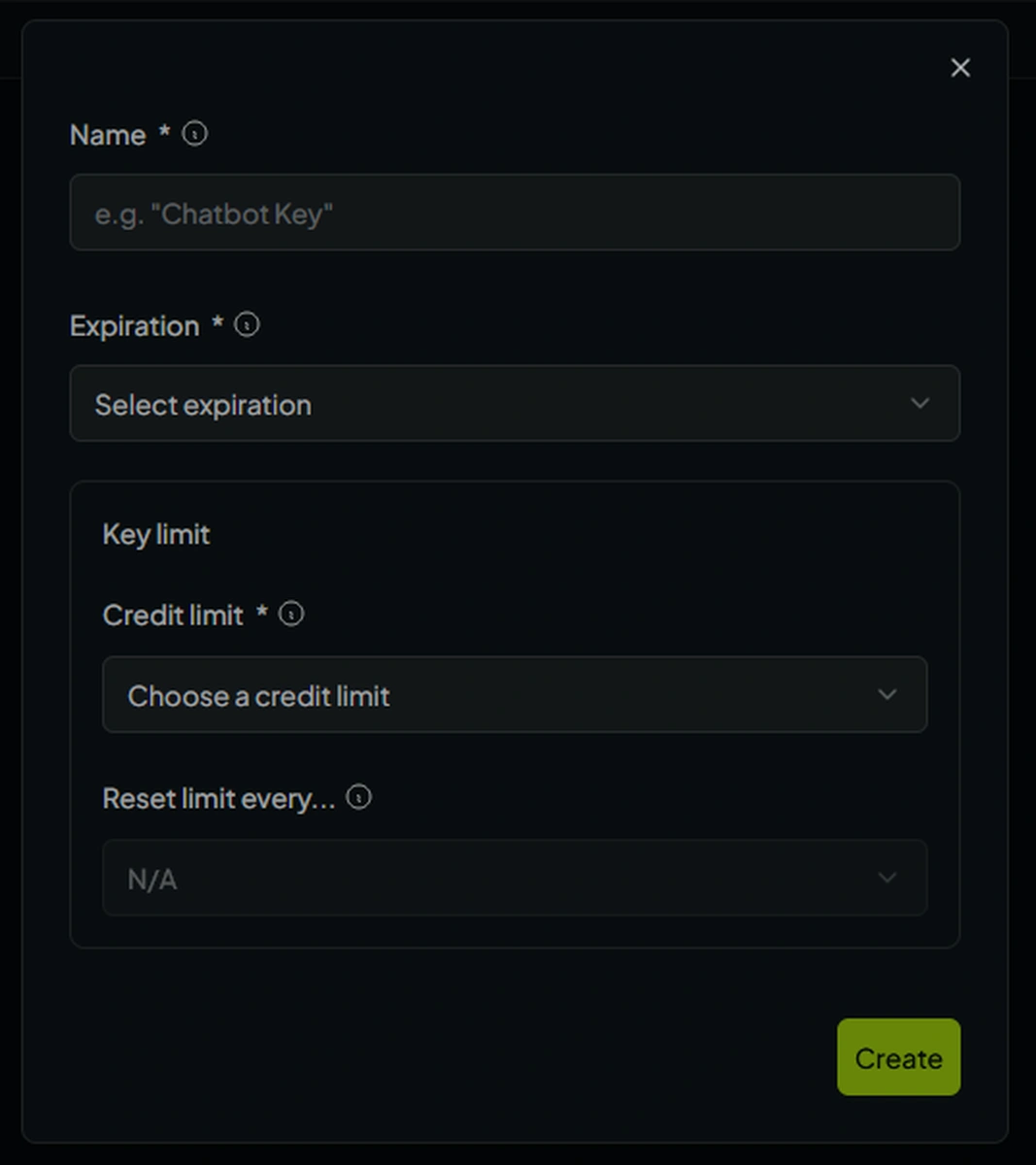 OpenRouter new API key dialog with name, expiration, credit limit, and reset limit settings.
