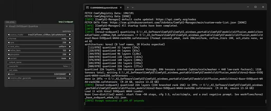 Finished Krea 2 SVDQuant W4A4 conversion showing a 9.10GB rank-256 output file and a roughly five-minute run.