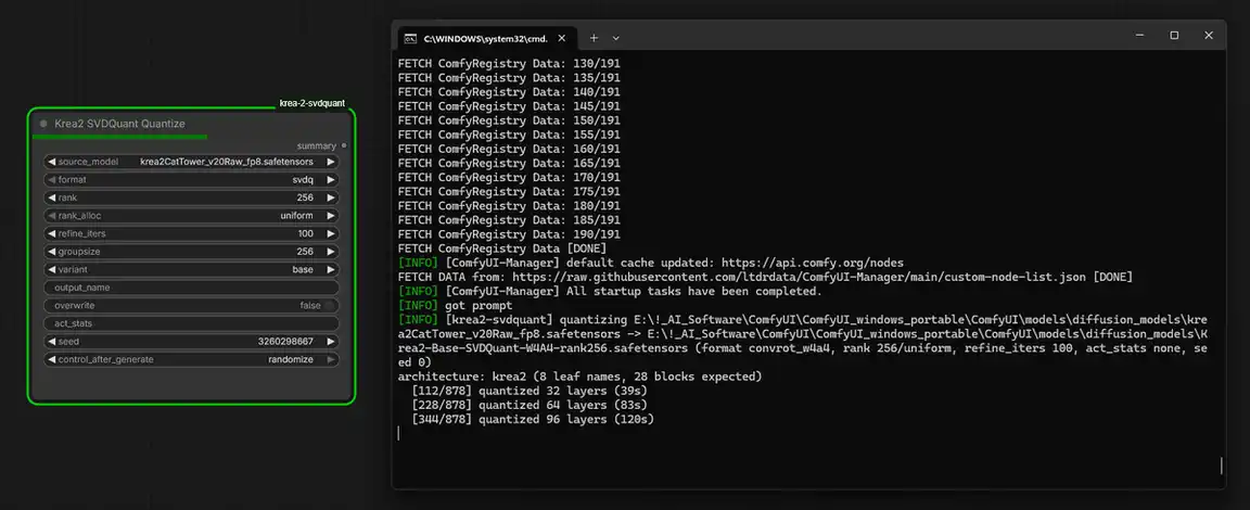 Krea 2 SVDQuant conversion in progress in ComfyUI with quantized layer counts shown in the console.