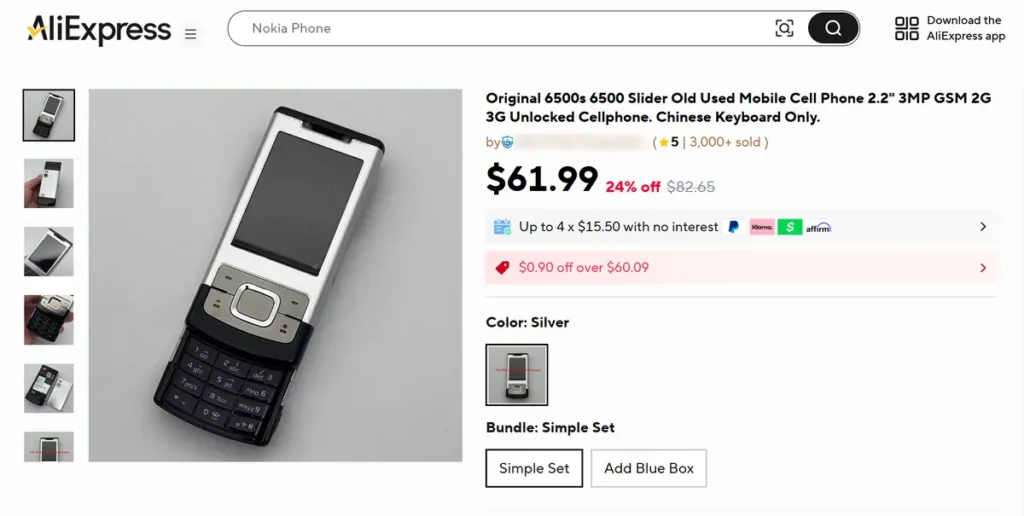 AliExpress listing of a refurbished Nokia 6500 slide phone.