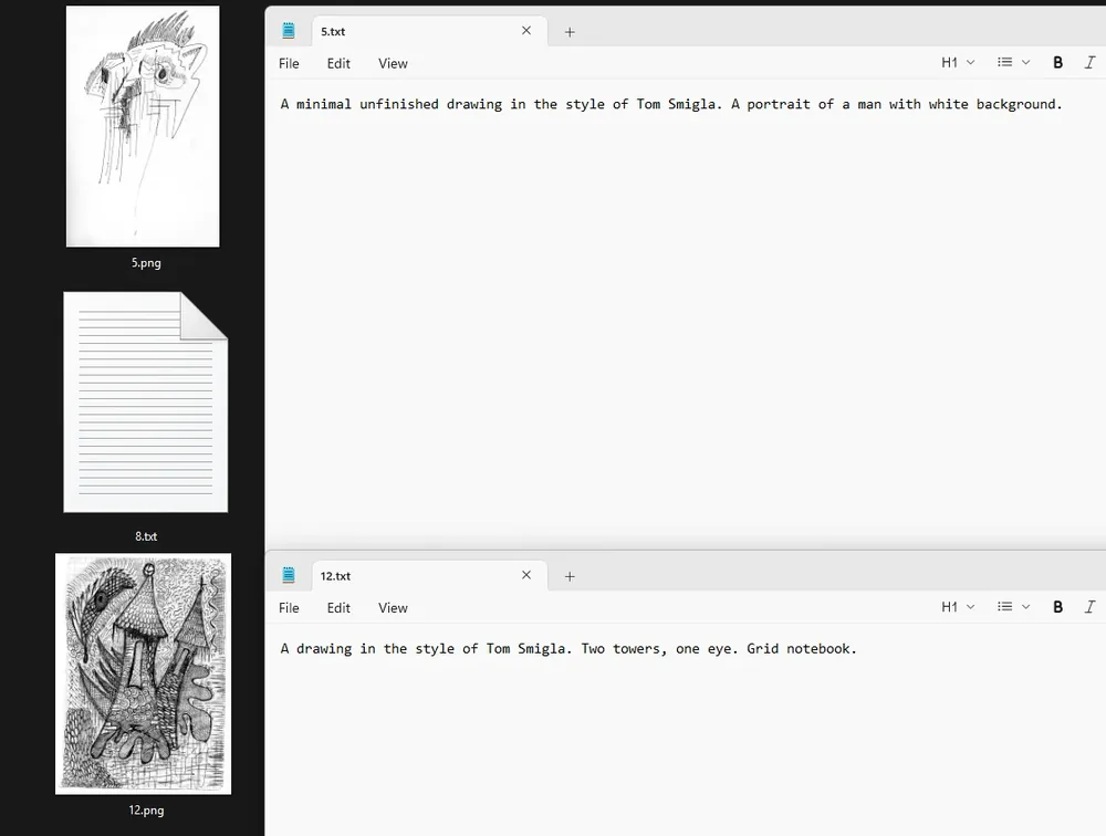 Two of my drawings with the sentence captions I used for Krea 2 LoRA training.