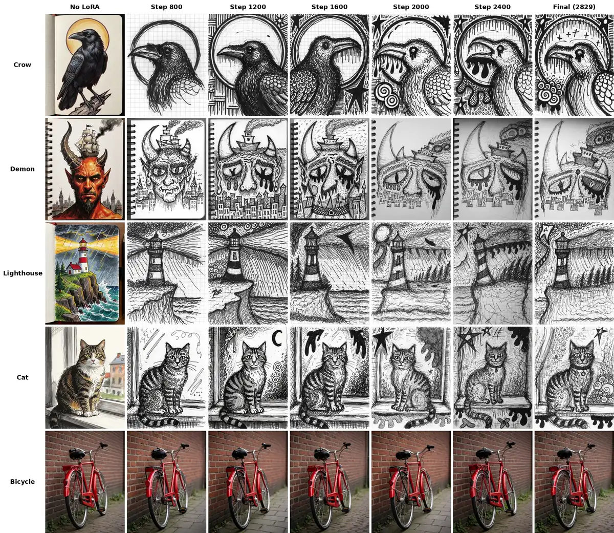 Krea 2 LoRA checkpoints from step 800 to the final one compared on five prompts.
