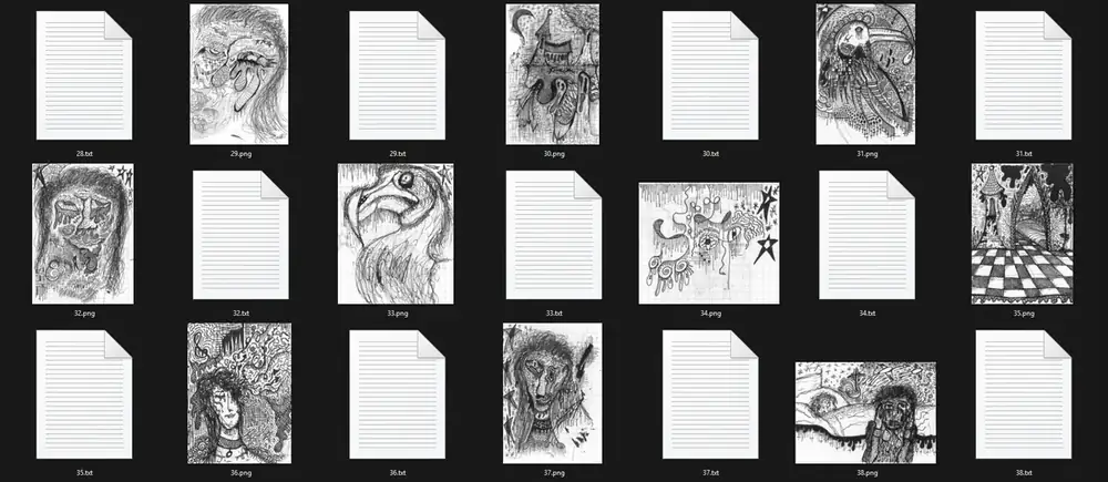 My Krea 2 LoRA dataset folder with the drawings and their caption files.
