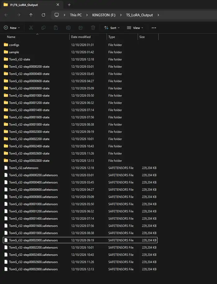 The output folder with my Krea 2 LoRA checkpoints and state folders.