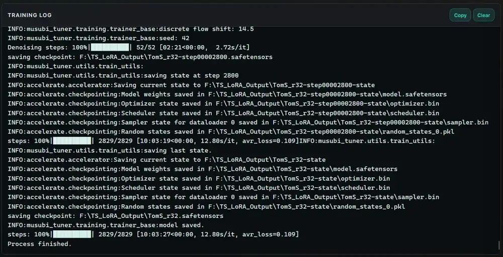 The end of the Krea 2 LoRA training log showing the total training time.