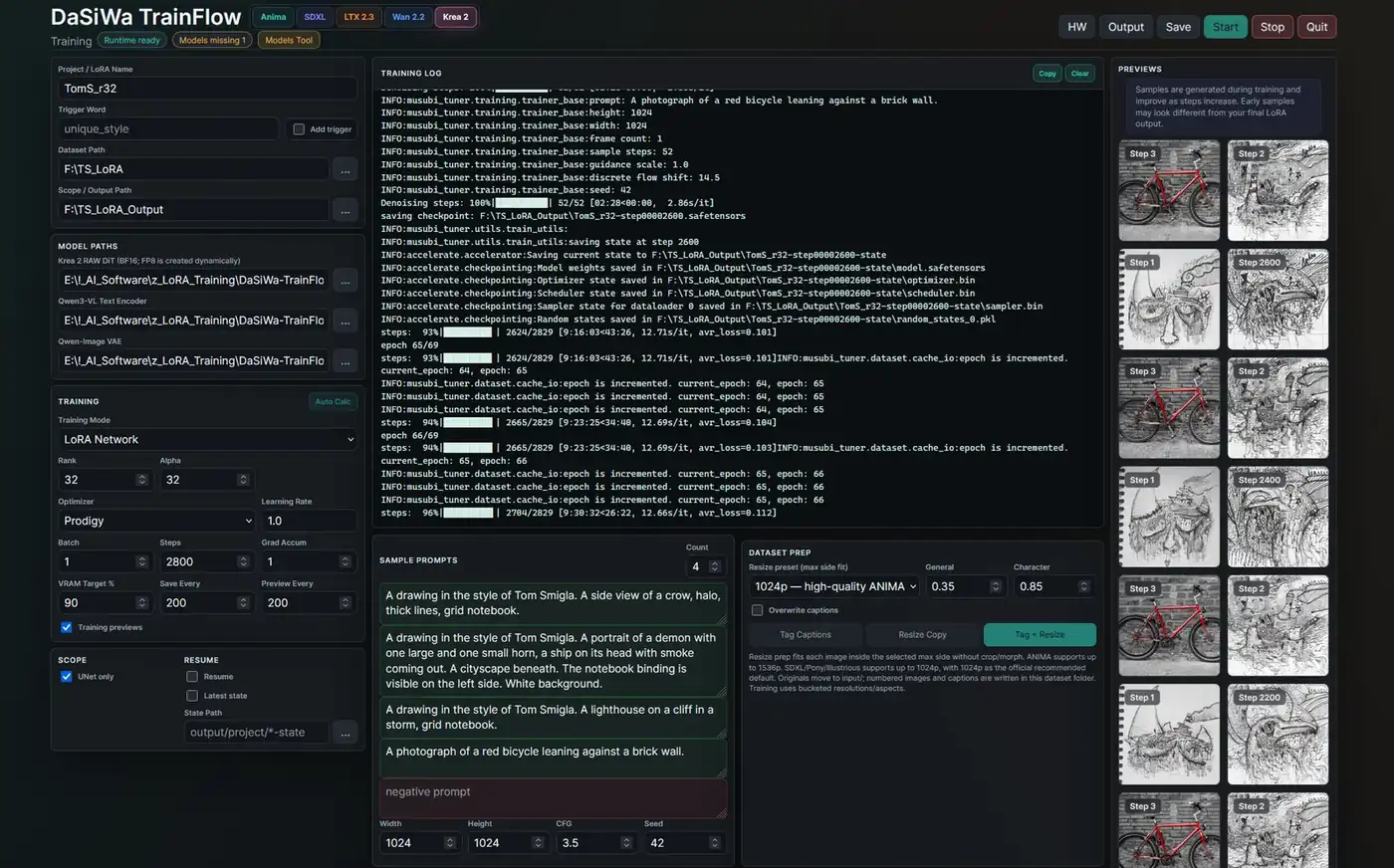 DaSiWa TrainFlow during my Krea 2 LoRA training, with the log and preview images.