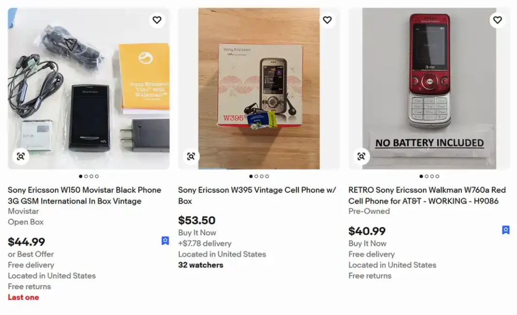 eBay listings of used Sony Ericsson Walkman phones.